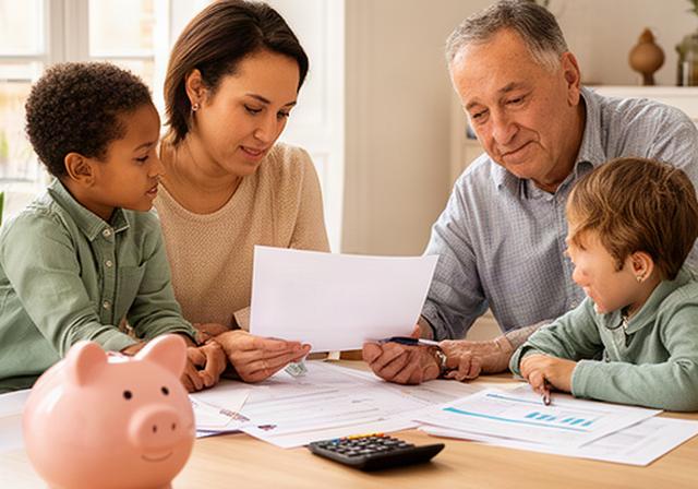 Familia de Barcelona revisando un plan de ahorro junto a una mesa con documentos y una hucha para estudios