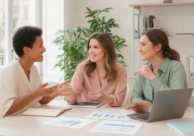 Equipo de asesores financieros conversando en una oficina luminosa de Barcelona