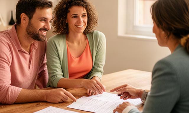 Pareja de Barcelona revisando un presupuesto familiar con una asesora en una mesa de madera