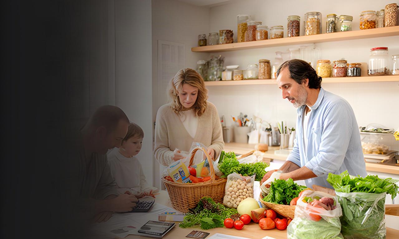 Cocina luminosa de una familia barcelonesa con alimentos organizados y facturas domésticas sobre la mesa