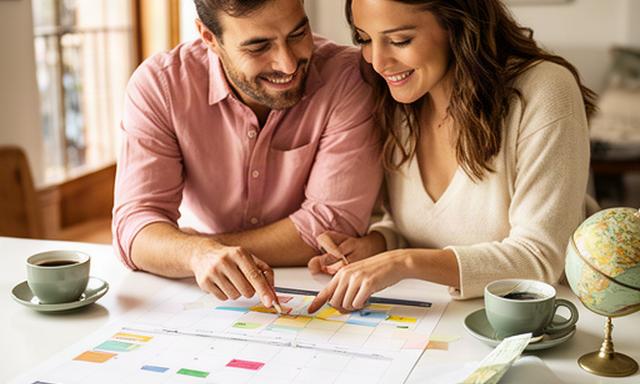 Pareja de Barcelona revisando un calendario de ahorro para un viaje en una mesa luminosa
