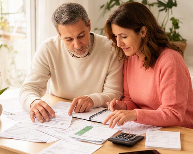 Pareja de Barcelona revisando facturas y cuotas hipotecarias en la mesa de su hogar